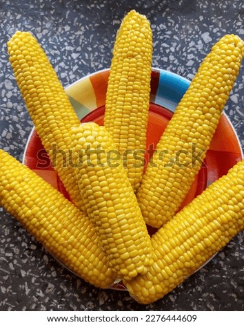 Boiled juicy yellow corn in a plate on the table close-up.