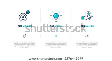 Mission, Vision and Values of company with text. Company infographic Banner template. Modern flat icon design. Abstract icon. Purpose business concept. Royalty-Free Stock Photo #2276449299
