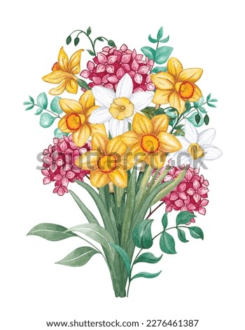 Bouquet of narcissus and hydrangea flowers. Watercolor illustration.