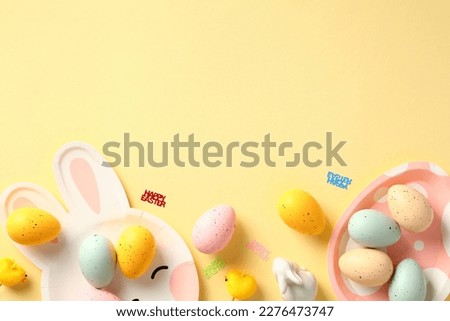 Happy Easter banner template. Frame border made of cute plate with colorful Easter eggs, decorative chickens, rabbits on pastel yellow background.