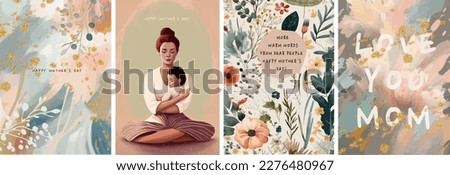 Happy Mother's Day. Vector watercolor illustrations of mom, baby, flowers, paint strokes, pattern and golden powder. Drawings for postcard, poster or background Royalty-Free Stock Photo #2276480967