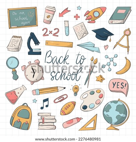 Set of school, education doodles, clip art for stickers, prints, planners, scrapbooking, stationary, etc. Back to school cartoon elements collection. EPS 10