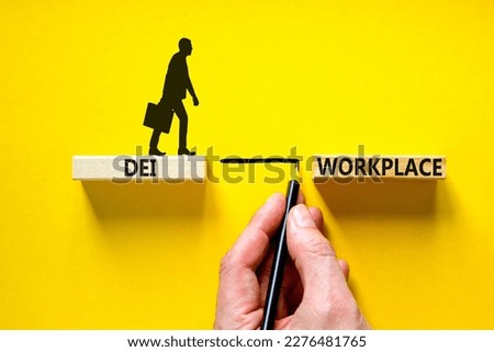 DEI diversity equity inclusion workplace symbol. Blocks with words DEI workplace on beautiful yellow background. Business DEI diversity equity inclusion workplace concept. Copy space.
