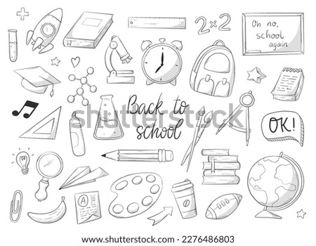 Set of monochrome school and education doodles, clip art, cartoon elements isolated on white background. Back to school coloring page, stickers, prints, cards design. EPS 10