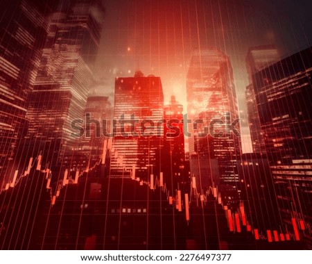 Economic crisis concept shown by declining graphs and digital indicators overlap modernistic city background. Double exposure. Royalty-Free Stock Photo #2276497377
