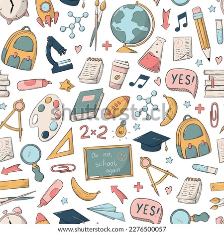 School and education seamless pattern with doodles, clip art, cartoon elements for wallpaper, wrapping paper, scrapbooking, stationary, etc. EPS 10