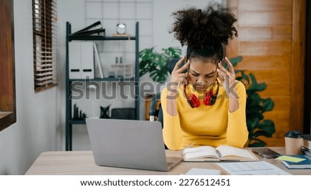Stressed, serious, Young female african american woman working with financial statement at home, housewife manage family budget concept