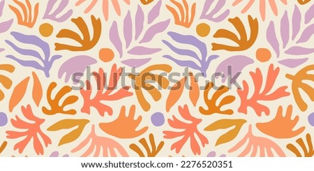 Abstract plant leaf art seamless pattern with colorful freehand doodle collage. Organic leaves cartoon background, simple nature shapes in vintage pastel colors.  Royalty-Free Stock Photo #2276520351