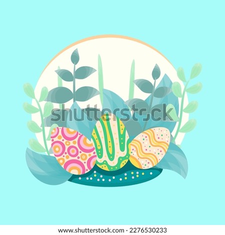 Illustration of Easter eggs and leaves in round frame. Design element for wallpaper, post, background, cover, flyer, poster, greeting card, banner. Vector image in doodle style. Royalty-Free Stock Photo #2276530233