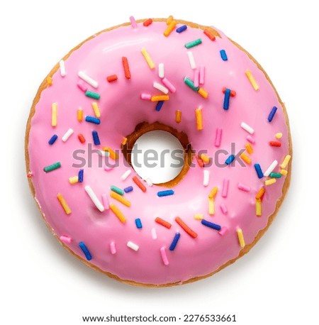Sweet strawberry glazed donuts with sprinkles on white background, Delicious colorful donuts isolated on white background With clipping path. Royalty-Free Stock Photo #2276533661