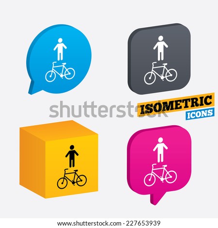 Bicycle and pedestrian trail sign icon. Cycle path symbol. Isometric speech bubbles and cube. Rotated icons with edges. Vector