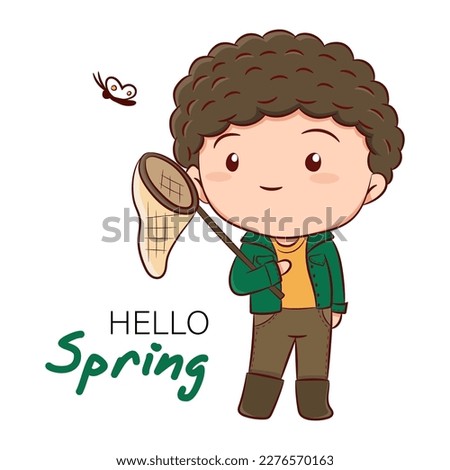Vector spring illustration of cute boy holding stretchable butterfly net and looking butterfly, Spring hand drawn sketch style card template.