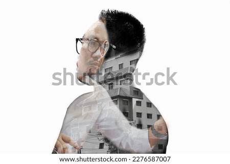 Double Exposure, two men and a building, on a white background