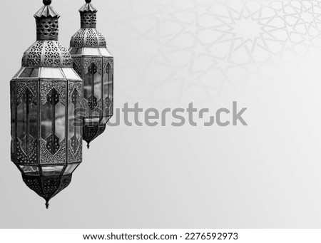 A black and white photo of a lamp with arabic text that says . Ramadan. Social media posts .Muslim Holy Month Ramadan Kareem .Ramadan Mubarak beautiful greeting card Royalty-Free Stock Photo #2276592973