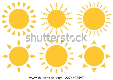 Set of sun icons, yellow color hot, warm sunny summer flat style vector design. Sunlight, nature, sky object illustration graphic symbol isolated on white background.