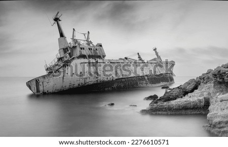 The imposing shipwreck of the Edro III is located directly on the coast of Phaphos in Cyprus and is visited by many tourists. Royalty-Free Stock Photo #2276610571