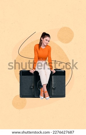 Vertical 3d poster collage picture of lovely happy youngster girl sitting big camera make photo isolated on painting background