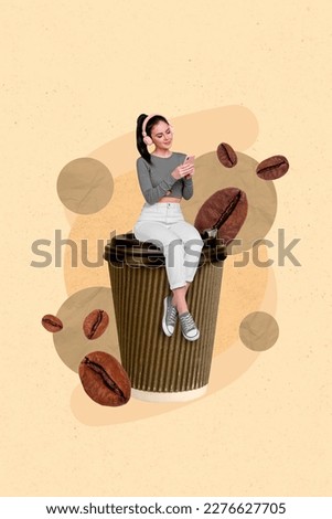 Creative 3d banner collage artwork sketch of lovely girl sitting big paper cup enjoy free time tasty coffee isolated on painted background