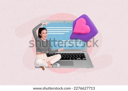 Picture 3d collage artwork image of excited positive cheerful girl hand showing modern netbook web site isolated on painting background