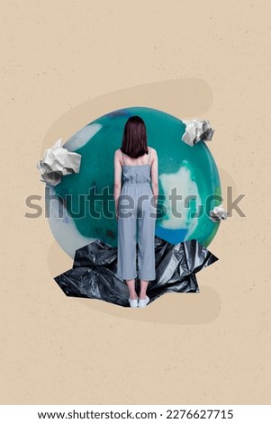 Exclusive painting collage artwork picture poster banner artwork of irresponsible girl avoiding ignoring care planet environmental problem