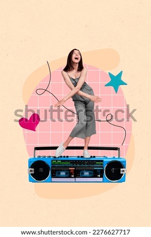 Painting magazine picture collage artwork poster of carefree cheerful girl have fun enjoy playlist cassette tape recorder sing song track