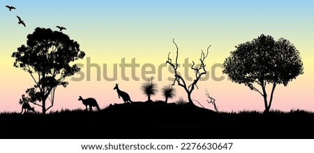 Silhouette of Grass tree and gum trees at sunset with kangaroos. Vector illustration.