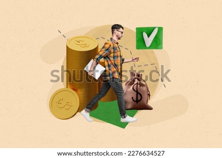Creative 3d collage image picture template artwork of hardworking man hurry office earn money distance job isolated on painting background