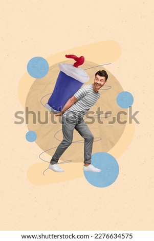 Vertical sketch collage picture artwork of happy smiling man go carry tasty pepsi coca cola lemonade isolated on drawing background