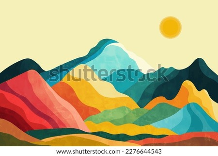 Colorful vector landscape with mountains and fields in the style of minimalism. Royalty-Free Stock Photo #2276644543