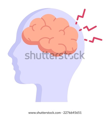 Brain with electric bolts, a concept of migraine flat icon 