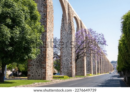 A Queretaro Mexico aqueduct with jacaranda tree and purple flowers Royalty-Free Stock Photo #2276649739