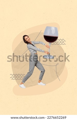 Vertical collage image of mini overjoyed girl arms hold huge wine glass isolated on drawing beige background