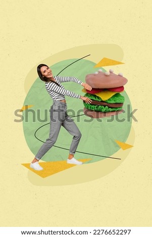 Creative retro 3d magazine collage image of excited funny lady holding hamburger isolated painting background