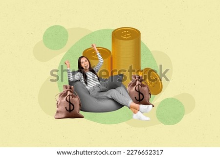 Creative collage picture of delighted girl sit beanbag use netbook raise fists big pile stack money coins isolated on painted background