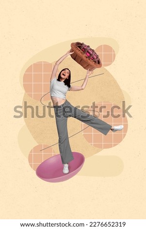 Artwork magazine collage picture of charming happy smiling lady walking rising fruit pie isolated drawing background