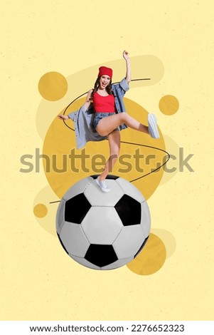 Photo collage artwork minimal picture of cool funky lady beating big football ball isolated drawing background