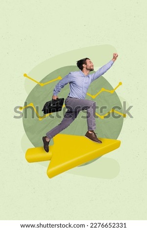 Creative trend collage of businessman entrepreneur fly running arrow office worker job excited happy achieve aim weird freak bizarre unusual