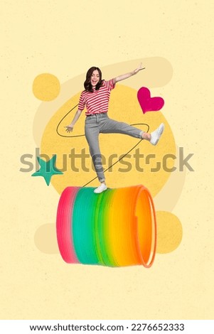 Vertical picture 3d collage artwork poster of crazy funky girl celebrate win stand spiral coil toy have fun isolated on drawing background