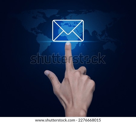 Hand pressing email flat icon over digital world map technology style, Business contact us online concept, Elements of this image furnished by NASA