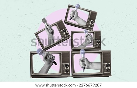 Collage art, lots of retro TVs with a hand with a microphone sticking out of them. Yellow press from retro TVs, daily news.