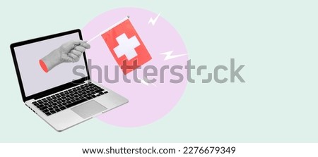 Art collage, the hand with the Swiss flag from a laptop on a light background. Concept of news from a laptop in Switzerland.