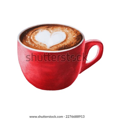 Watercolor sweet cappuccino illustration coffee in a porcelain cup. Hand painting on a white isolated background. For designers, menu, shop, bar, bistro, restaurant, for postcards, 