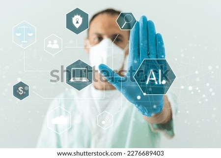 Doctor in futuristic medical concept pressing button.