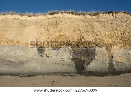 Textured coastal cliffs of East Otago, New Zealand. Erosion over time has revealed layers of different colored sediment in the cliff face. Royalty-Free Stock Photo #2276690899