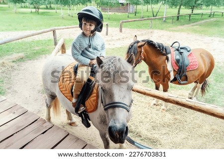 A little girl riding a miniature horse in nature. A charming little girl is sitting on a pony. A cute four-year-old girl is taking outdoor riding lessons at a ranch. Sports entertainment for children Royalty-Free Stock Photo #2276703831
