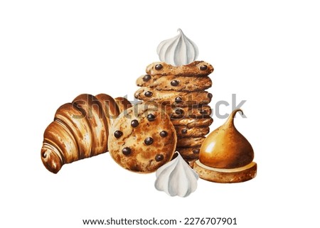 Watercolor composition with chocolate cookies, orange souffl, croissant, meringue. Hand painting sweet crunchy cookies on a white isolated background. For designers, menu, shop, bar, bistro