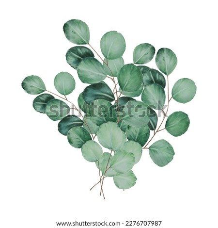 Bouquet with eucalyptus branches watercolor. Hand drawn clipart isolated on white background. Holiday winter and autumn print. For wedding invitation, textile, scrapbooking, card, invitation, tags