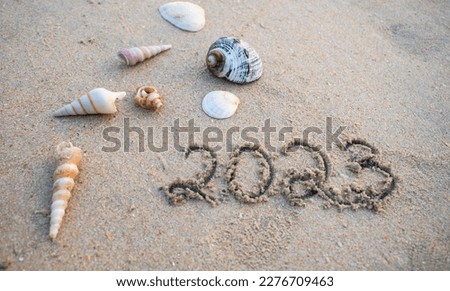Sea side background with some shells and 2023 written on sand, 2023 beach background Selective focus