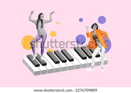 3d retro abstract creative artwork template collage of smiling happy ladies dancing playing piano isolated painting background