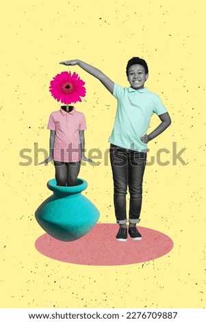 Artwork magazine collage picture of funny little child measuring arms boy growing pot flower instead head isolated drawing background
